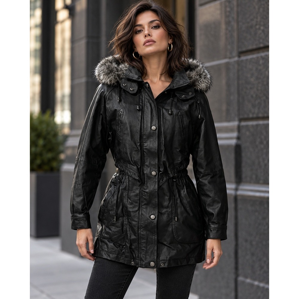 Wilsons Leather Black Hooded Aviator Parka Fur Trim Drawstring Waist Coat Small